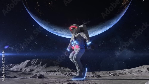 Funny Dancing Astronaut With Neon Light Spacesuit On The Moon. Moonwalk On The Moon Under The Earth And Stars