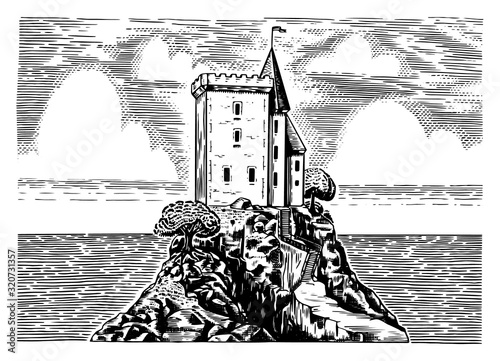 Scenic view of vintage fortress on a hill on a background of clouds. Panoramic banner for whiskey shop. Engraved village landscape. Hand drawn monochrome vintage horizontal sketch for alcohol label. 