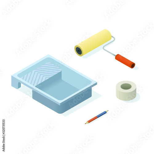 Vector isometric  paint can and paintbrushes Vector isometric repair set, paint roller, pen, tapes and paint tray
