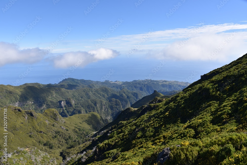 Landscape of green mountains of Madeira Island - view from the trial to Pico Ruivo.