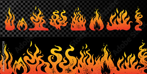 Set of flame and fire on transparent background. Hand drawn engraved monochrome color bonfire. Isolated vintage sketch. Vector illustration for posters, banners and logo.