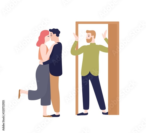 Surprised husband coming home looking to wife kissing with another man vector flat illustration. Adultery, cheating on spouse, family destruction concept. People at love triangle isolated on white