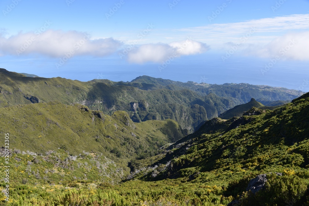 Landscape of green mountains of Madeira Island - view from the trial to Pico Ruivo.