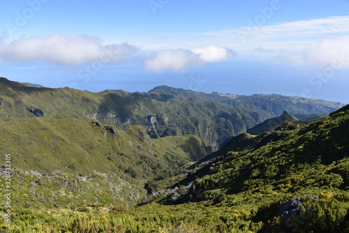 Landscape of green mountains of Madeira Island - view from the trial to Pico Ruivo.