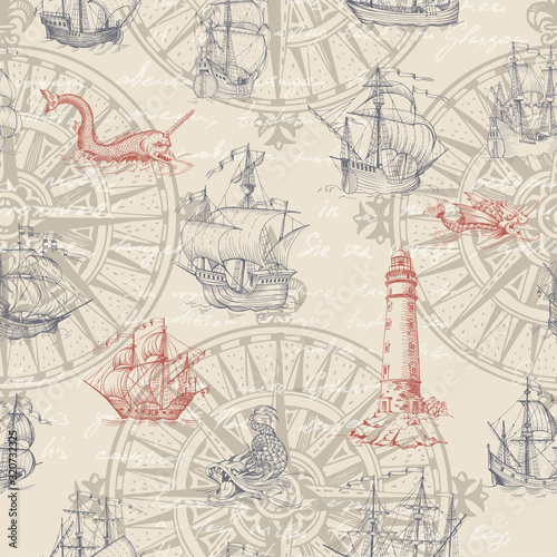 Old caravel, vintage sailboat. Hand drawn vector sketch. Vector seamless pattern