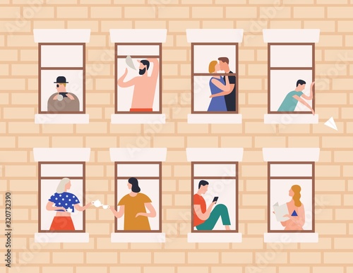 Neighbors and neighborhood concept vector flat illustration. Cartoon people living in house with open window frames. Building exterior or facade with man, woman and children inside apartments