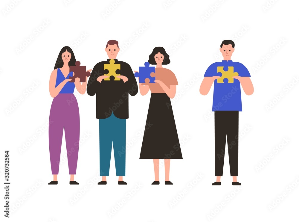 Cartoon people holding jigsaw puzzle pieces vector flat illustration. Male standing alone have no contact with team isolated on white. Concept of problem in relationship and connection at group Cartoon people holding jigsaw puzzle pieces vector flat illustration. Male standing alone have no contact with team isolated on white. Concept of problem in relationship and connection at group