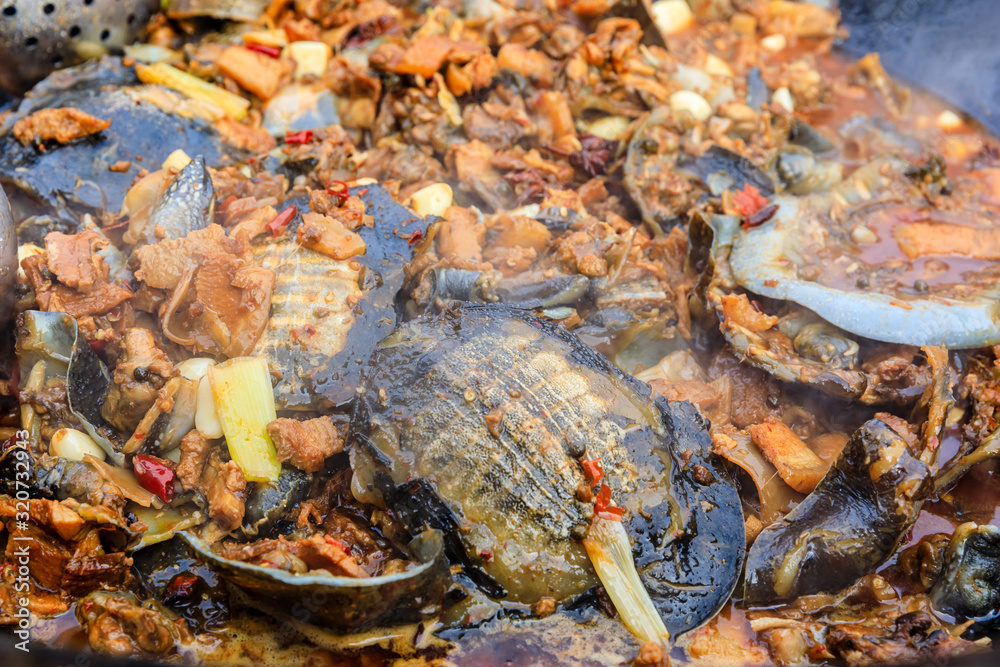 Delicious braised turtle in a pan,Chinese traditional cuisine.