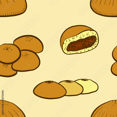 Seamless pattern of sketched Anpan bread