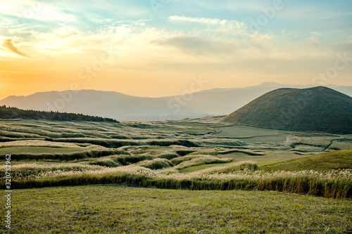Tableau sur toile Komezuka of Mount Aso (Aso-san), the largest active volcano in Japan stands in A