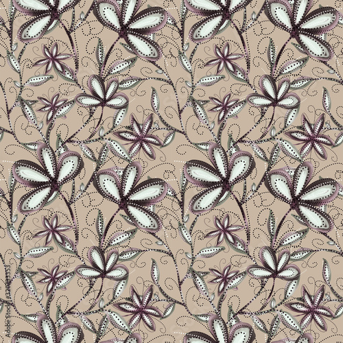 abstract floral ornaments of violet colors drawn with black and white dots on a light brown background, illustrations seamless pattern