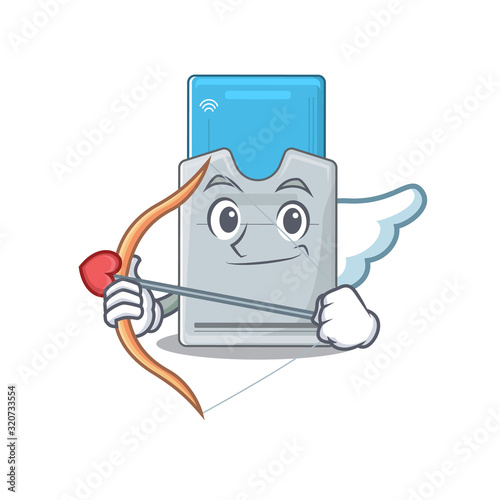 Romantic key card Cupid cartoon character with arrow and wings