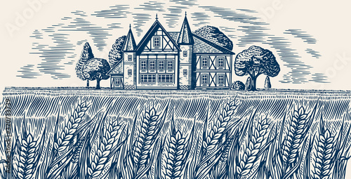 Brewery on the background of wheat and barley. Scenic view of Rural landscape, village field and hill, retro wooden building. Hand drawn monochrome vintage sketch for beer or alcoholic beverage label