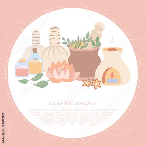 Vector illustration Ayurveda in trendy flat style. Wellness, aromatherapy, SPA card or flier design. Set of elements on Ayurvedic massage with place for text and a circle frame on the pink background.