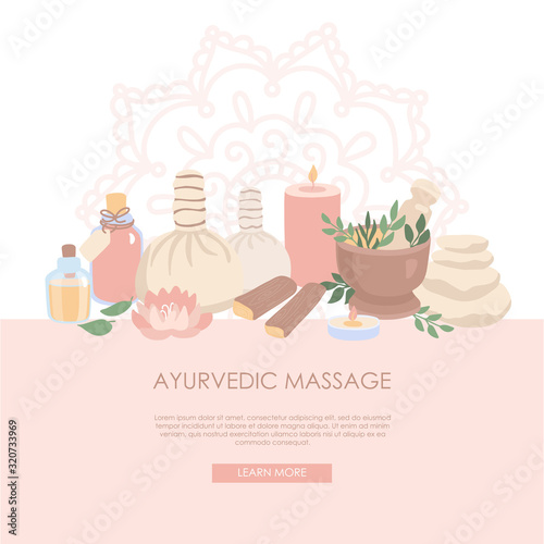 Vector illustration Ayurvedic Massage. Ayurveda elements in the modern flat style. Wellness and SPA concept. Landing web page template with Mehndi ornament and place for the text.