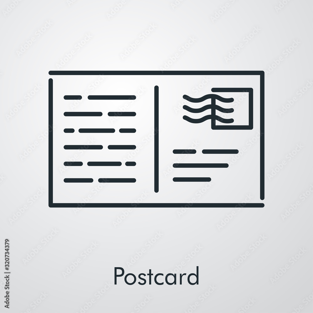 Símbolo postcard. Icono plano lineal en fondo gris Símbolo postcard. Icono plano lineal en fondo gris