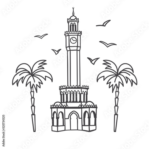 Vector illustration the Clock Tower in Izmir, Turkey. Famous Turkish landmark at the Konak square. Card, flier, banner, poster design in modern line style for souvenir print and city promotion.