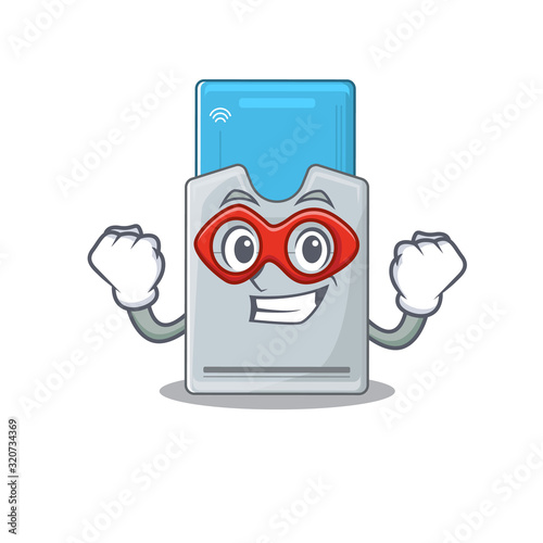 Smiley mascot of key card dressed as a Super hero