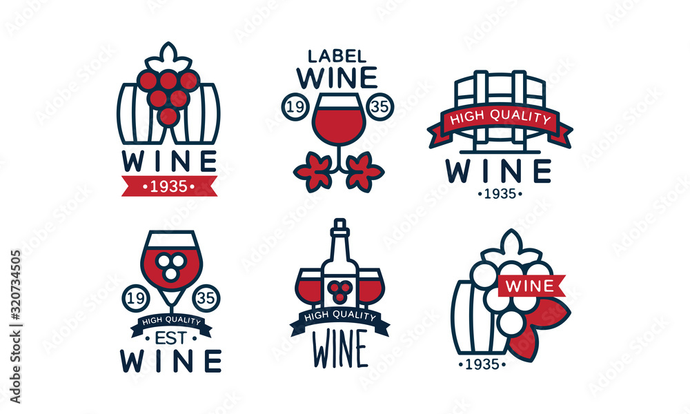 Wine High Quality Retro Labels Collection, Alcohol Drink Package Vintage Emblems Vector Illustration