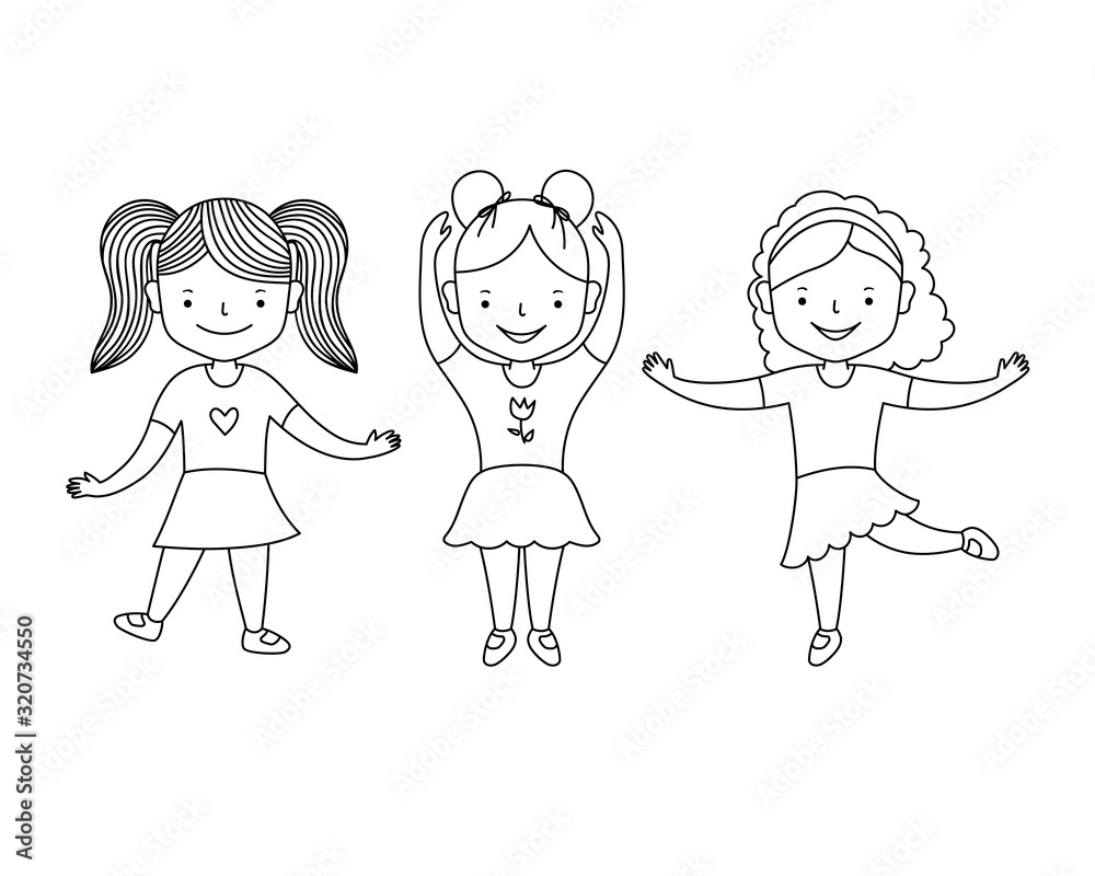 Cute happy little girls dancing. Cartoon style. Black and white contour line vector clipart illustration isolated. Coloring book Cute happy little girls dancing. Cartoon style. Black and white contour line vector clipart illustration isolated. Coloring book
