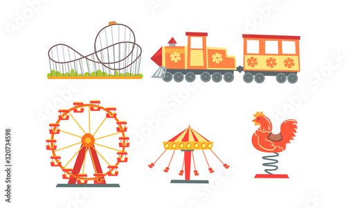 Amusement Park Attractions Collection, Funfair, Carnival, Circus Design Elements with Carousels, Roller Coaster, Train Vector Illustration