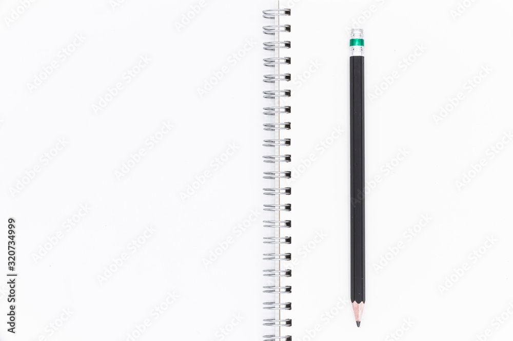 book and pencil opened blank square ctalogue at white design paper background. book and pencil opened blank square ctalogue at white design paper background.
