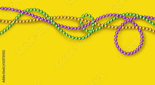 Vector illustration of Mardi Gras beads in traditional colors on yellow background. Decorative glossy realistic elements for design Mardi Gras. Beads Isolated on transparent background.