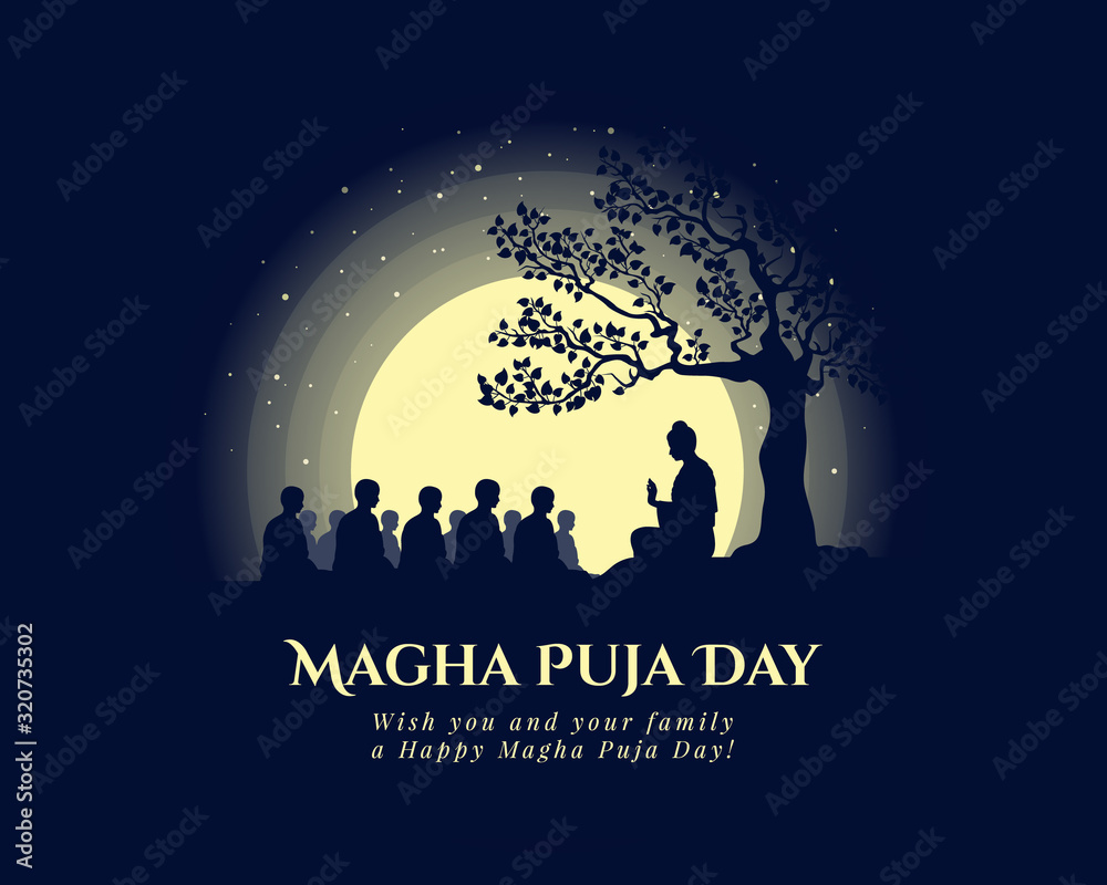 Magha puja day banner with The Buddha giving a discourse on the full moon day vector design