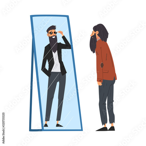 Hipster Man Standing in Front of Mirror Looking at His Reflection and Imagine Himself as Successful and Attractive, Man Seeing Himself Differently in Mirror Vector Illustration