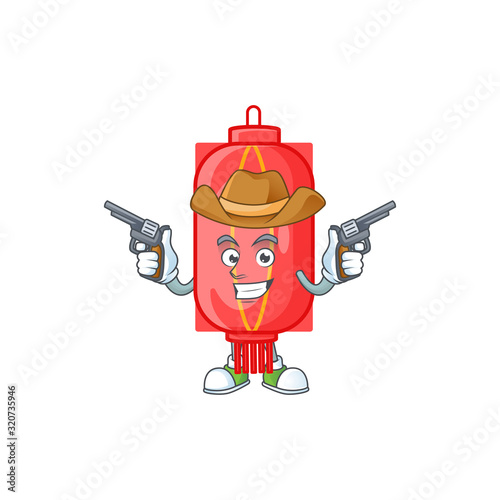 Confident chinese traditional paper Cowboy cartoon character holding guns