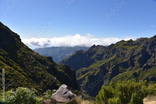 Landscape of green mountains of Madeira Island - view from the trial to Pico Ruivo.