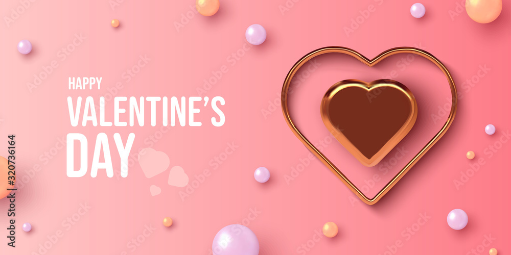 Happy Valentines day background with golden heart and ring in realistic vector design. Beautiful holiday layout in pink color, pearls and text. Romance greeting web banner layout template.