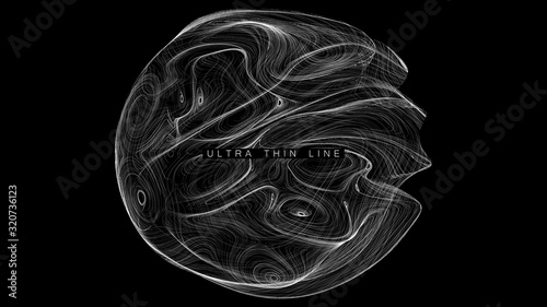 Ultra thin line fluid geometry. Dynamic vector distorted spheres. Digital fractal 3d swirl. Futuristic sound or data waveform. Chaotic particle wave motion trails.