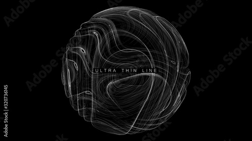 Ultra thin line fluid geometry. Dynamic vector distorted spheres. Digital fractal 3d swirl. Futuristic sound or data waveform. Chaotic particle wave motion trails.