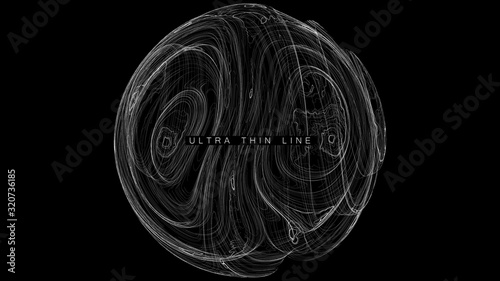 Ultra thin line fluid geometry. Dynamic vector distorted spheres. Digital fractal 3d swirl. Futuristic sound or data waveform. Chaotic particle wave motion trails.