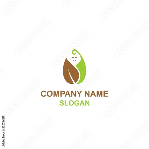 Nature baby care logo, cute baby wrapped in blankets and leaf as nature symbol.