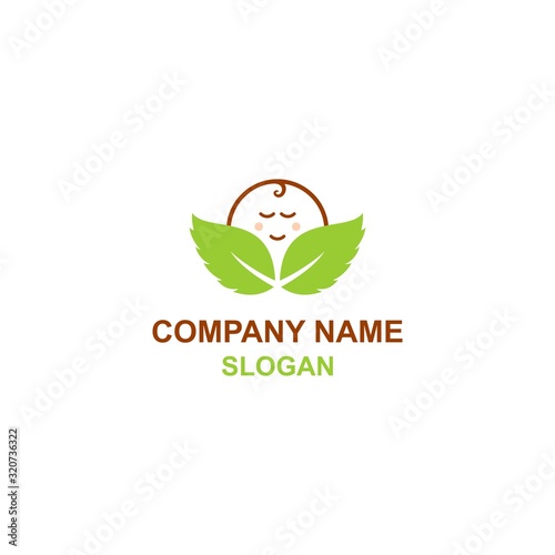 Nature baby care logo, cute baby wrapped in blankets and leaf as nature symbol.
