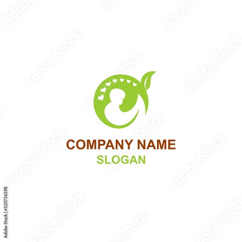 Nature baby care logo, cute baby wrapped in blankets and leaf as nature symbol.