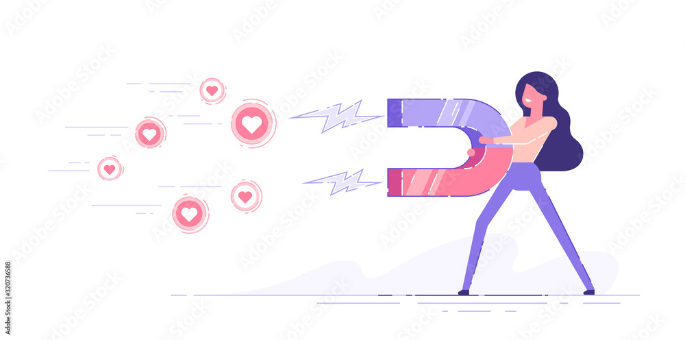 Fototapeta premium Business woman attracting likes signs with a huge magnet. Social media marketing concept. Modern vector illustration.