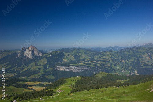 view over swiss mountains under blue sky