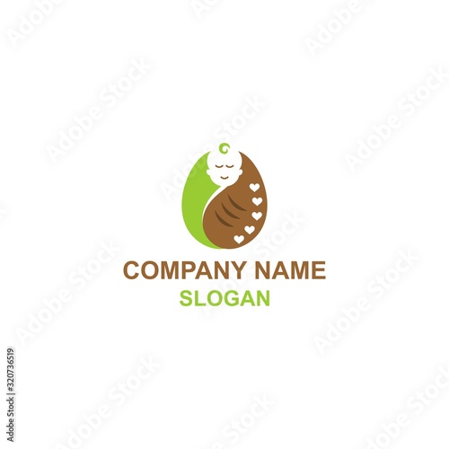 Nature baby care logo, cute baby wrapped in blankets and leaf as nature symbol.