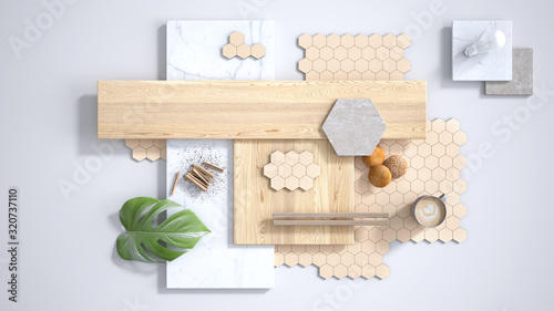 Minimal white background, copy space, marble slab, wooden planks, cutting board, mosaic tiles, plant leaf, cappuccino, cookies, cinnamon. Kitchen interior design concept, mood board photo