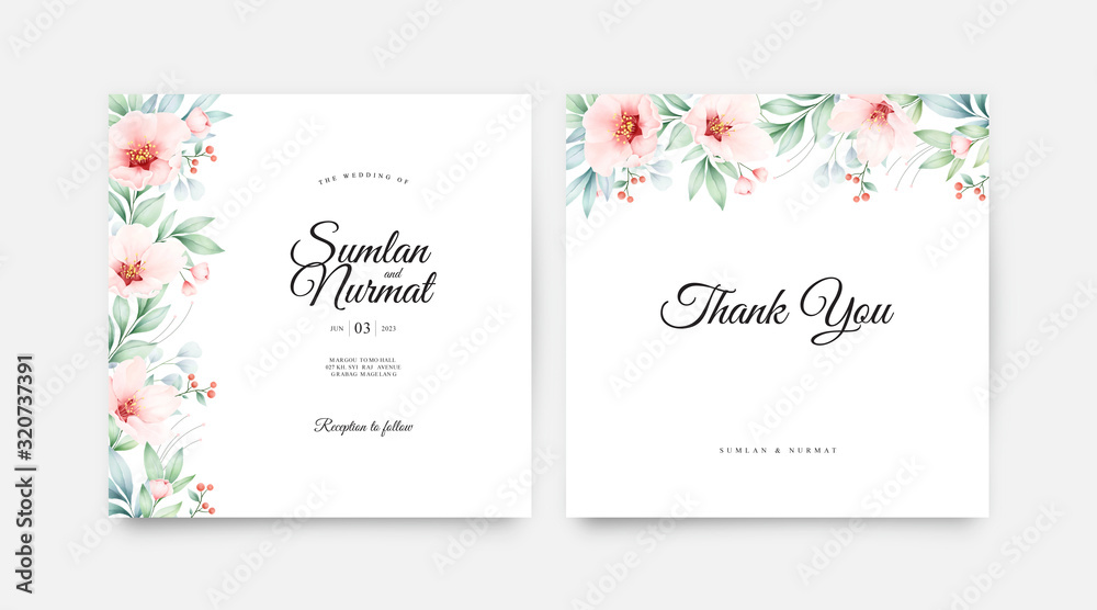 Beautiful wedding invitation card set with floral watercolor