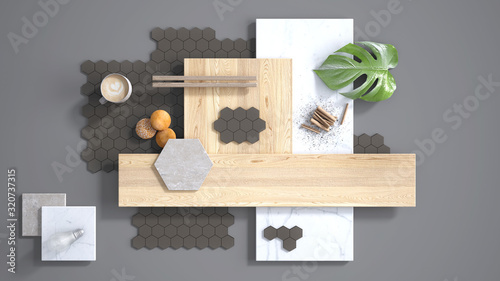 Fotografia Minimal gray background, copy space, marble slab, wooden planks, cutting board, mosaic tiles, plant leaf, cappuccino, cookies, cinnamon