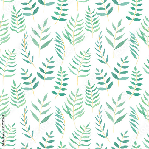 Watercolor green leaves hand drawn seamless pattern. Floral trendy background. Perfect for textile, covers, fabric design. Branch leaves on white background. Spring, summer season. 