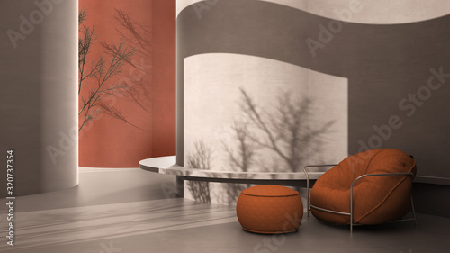 Abstract orange colored empty concrete interior, grunge background with round and curved structures, light and tree shadows, bench. Soft bean armchair with pouf, living room, lounge