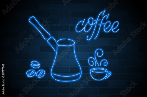 Blue realistic neon signboard Coffee on brick wall as background. Blur effect is made with mesh. Vector Illustration