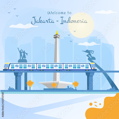 Flat illustration of Jakarta city with MRT or mass rapid transportation