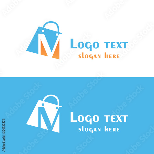 Abstract letter M with bubbles on shopping bag. Abstract shopping logo. Online shop logo.