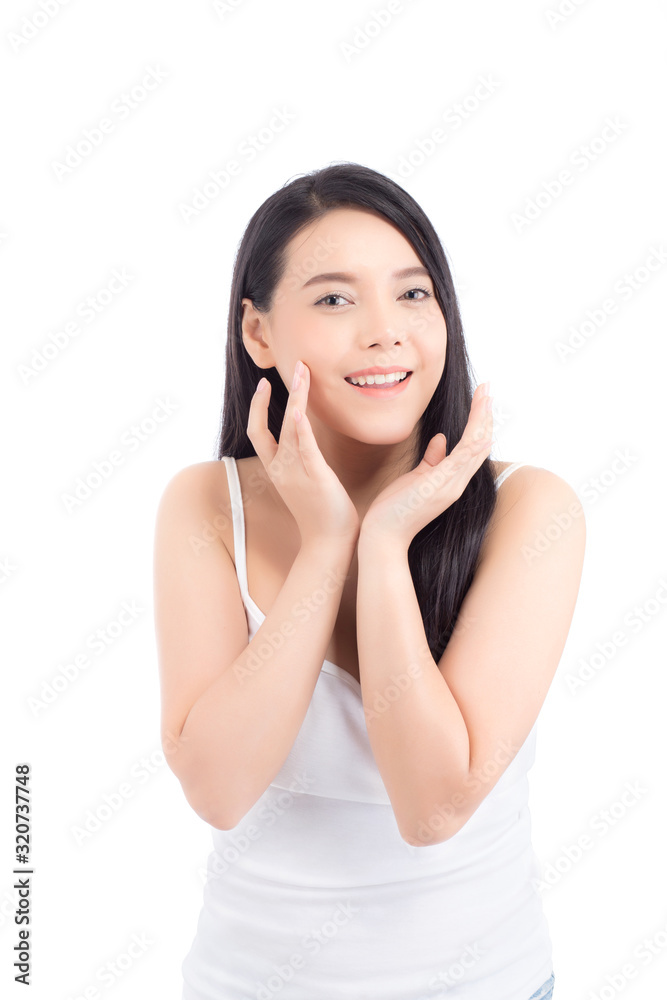 Portrait of beautiful woman asian makeup of cosmetic, girl hand touch cheek and smile attractive, face of beauty perfect with wellness isolated on white background with skin healthcare concept. Portrait of beautiful woman asian makeup of cosmetic, girl hand touch cheek and smile attractive, face of beauty perfect with wellness isolated on white background with skin healthcare concept.